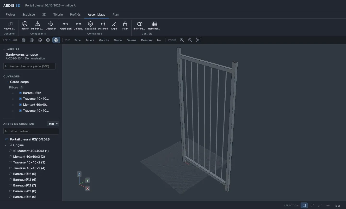 Aedis 3D : assemblage d'un portail (montants, traverses, barreaux) et son arbre de création